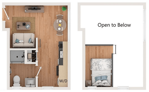 A floor plan of a one-bedroom apartment with a living room, kitchen, and bathroom.